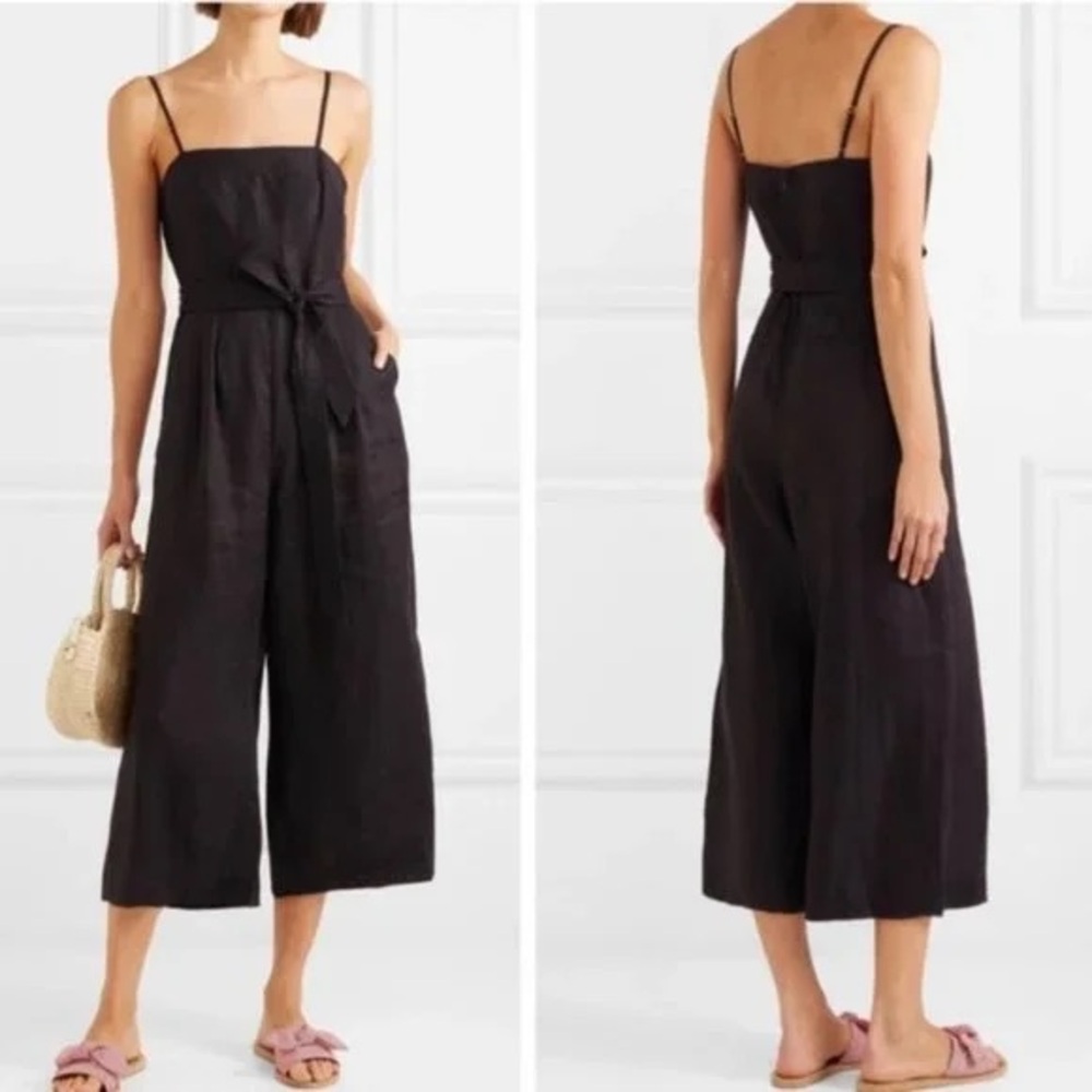 J.Crew Women’s Sz 12P 100% Linen Jumpsuit Black Wide Leg Romper Missing Belt